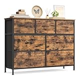 SONGMICS Kommode, Schrank, 7 Stoffschubladen, Aufbewahrungsschrank, Stahl, MDF, Vliesstoff, für Schlafzimmer, Flur, Wohnzimmer, vintagebraun-tintenschwarz LGS323BH04