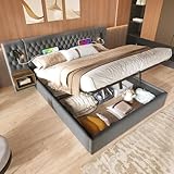 Dolamaní Modern Bett Komplett Set- Doppelbett 180x200 cm Tragfähigkeit 362 kg mit Stauraum & Lattenrost, Polsterbett Samt mit Nachsichtig Polster Kopfteil & Nachttisch (Grau mit Container)
