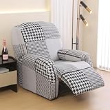 Highdi 4-teilig Stretchhusse für Relaxsessel, Komplett Sesselschoner für Fernsehsessel 1 Sitzer mit Liegefunktion, Moderne Druck Sesselbezug Antirutsch mit Elastischem Boden (Hahnentritt)