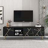 Lexiou Großer 200x35x60 cm TV-Schrank für 90-Zoll-Fernseher mit 3 Türen und modernem Schwarz-Gold-Design