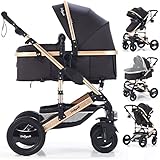 Kombi Kinderwagen 2in1 Bambimo mit Alu-Rahmen - Klick System - 4 Reifen zum abnehmen - mit extra großem Einkaufskorb - 2in1 Sportsitz - Platzsparend (Schwarz - Gold)