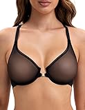 Deyllo Damen Bügle-BH mit Vorderverschluss Sexy Transparent Bra Ungepolsterter, Durchsichtiger Schöner Rücken Netz-BH für Rückenfreies Outfit Schwarz 80B