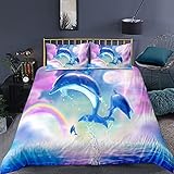 3D Delphin Ozean Fisch Bettbezug Kissenbezug für Mädchen Jungen Regenbogen Sonnenaufgang Abend Landschaft Springen Delphin Muster Bettwäsche Set Unterwasserwelt Korallen Quilt (Bunt 1,135_x_200_cm)