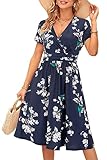 OUGES Damen Sommerkleid Kurzarm V-Ausschnitt Knielang Blumenmuster Midi Kleid mit Taschen Florals