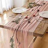 FOLAI Boho Tischläufer aus Käsetuch Table Runner Table Cloth – Rustikale Hochzeitstischdeko für Brautdusche, Geburtstag & Feiern (90x300cm) – Öko-Baumwolle & Wiederverwendbar（ Rosa ）