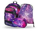 Baagl Schulrucksack Set Jungen Mädchen 3 Teilig, Schultasche ab 3. Klasse, Grundschule Ranzen mit Brustgurt, Ergonomischer Schulranzen (Skate Galaxy)