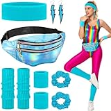 Betrynidil 80er Jahre Outfit Damen Set, Damen 80er Jahre Workout Kostüm, mit Bauchtasche, Stirnband, Haargummi, Beinwärmer, Armbänder und Ohrring, für Karneval Neon Party (Blau)