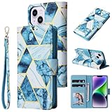 Asuwish Handyhülle für iPhone 14 Plus Hülle mit Folie Schutzfolie und Kartenfach Klappbar Leder Geldbörse Ständer i-Phone 14+ i 14Plus iPhone14Plus + Handy Hüllen Marmor Schutzhülle Phone Case Blau