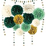 Partydekoration Pompons 15 Stück Grün Gold Weiß Seidenpapier Pompons Deko mit Tissue Papier Pom Poms und Dots Papier Girlande für Hochzeit Abschlussball Babyparty Geburtstag