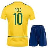 PraiseLight Brasilien Limitierte Pele Heim Fußball Kinder Trikot Auflage Shorts Set Nostalgie Jugendgrößen (Gelb 10, 176 (12-13 Jahre)
