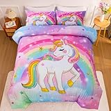 Aimuan Einhorn-Bettwäsche-Set für Mädchen, 3-teilig, rosa und lila, mit Regenbogen-Stern, Galaxie, Sterne, Fantasie, Kinderzimmer, Dekoration, weich, wendbar, für Jungen/Mädchen/Teenager