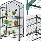 tectake® Mobiles Foliengewächshaus mit 3 Ablagen, Gewächshaus auf Rollen, stabil, UV stabilisierte PVC Folie, schützt Pflanzen vor Kälte, Regen und Frost, für Balkon, Garten Terrasse, 69 x 49 x 133 cm