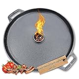 Drei Eichen Feuerplatte aus Gusseisen. Grillplatte Plancha ideal für Raketenofen u.v.m. Ø35cm. Tropfschutz. Outdoor BBQ-Platte mit Tragegriff. Gasgrill Zubehör. Gusseisenpfanne. Stärke 5mm. Loch Ø4cm