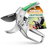 GRÜNTEK Amboss Gartenschere KONDOR 200 mm, automatisch zugeschaltete Ratsche, bis Ø24 mm, SK5 Klinge, Aluminium-Griffe mit PVC Beschichtung, inkl. Ölschwamm und Schärfer