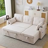 Ymkua Klappbares Schlafsofa mit Schlaffunktion, Sofa Eckcouch mit Rollbett, Bettsofa mit Stauraum und Taschenbecherhalter, Wohnzimmer L-förmiges Loungesofa mit Taschen, Cotton, 211x130x86 cm (Beige)