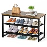 HOMIDEC Schuhregal mit 3 Ebenen, Schuhbank mit Holzplatte, Schuhregal mit Sitzbank, Regal Vliesstoff, für Eingangsbereich, Flur, Wohnzimmer, Tragkraft 150KG, Vintage