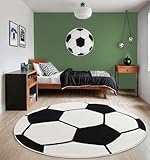 the carpet Lou Weicher Kuscheliger Kinderteppich, Weicher Kuschel-Flor, Pflegeleicht, Farbecht, Fussball Motiv, Schwarz-Creme, 120 cm Rund
