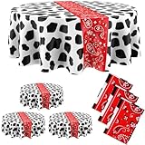 Oudain Kuh-Tischdecke, rund, Kunststoff, waschbar, Einweg-Tischdecke, schmutzabweisend, Tischdecke für Picknick, Camping, Party, Weihnachten, Küche, Esstisch, Rot, Schwarz, Weiß, lebendiger Stil, 6