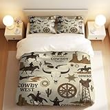 Wild West Black Powder Vektor-Kunst-Bettwäsche-Set, 3D-Cowboy-Totenkopf- und Pferdeelemente, perfekt als Schlafzimmerdekoration (01, Einzelbett 135 x 200 cm + 65 x 65 cm x 2)