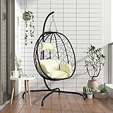 Hängesessel Ei mit Kissen, Chaduof Garten Möbel, Hängesessel Outdoor, Jugendzimmer, Hängestuhl, Hanging Chair, Liebesschaukeln, Hängeschaukel Outdoor, Cremeweiß Poly Rattan & Stahl