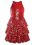GRACE KARIN Kids Mädchen Glitzer Partykleid Neckholder Cut-Out Schulter Dreischichtig Rot 6 Jahre