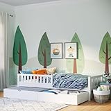 Bellabino Vils Kinderbett 90x200 cm – Kleinkindbett mit Schublade, Rausfallschutz & Lattenrost – Montessori Kinder Bett aus Kiefer Massivholz – in Weiß für Jungen & Mädchen mit Stauraum