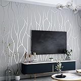 Pamatio Tapete Silber Grau Vliestapete für Wohnzimmer Schlafzimmer - 9,5 x 0,53m Leicht Glänzend Streifen Strukturtapete, Moderne Gebogene Gestreifte Wand Tapeten