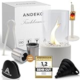 ANDEKO® Bioethanol Tischkamin Premium Tischfeuer | Regulierbarer Ethanol Kamin inkl. weiße Dekosteine und XXL Brennkammern | Bio Ethanol Tischkamin Indoor & Outdoor | Bioethanol Kamin | Tisch Kamin