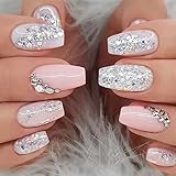 24 Stück Nägel zum Aufkleben Sarg Mittel Weiß Rosa French Tip Kunstnägel Press on Nails Vollabdeckung Natürliche Acryl Fingernägel Künstliche Nägel mit Strass für Frauen und Mädchen