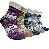 CHTME Dicke Wollsocken Damen Winter Thermosocken Warme Kuschelsocken Innenfrottee Weiche Strick Socken Haussocken Vintage Lustige Bunt Atmungsaktiv Bequem Wandersocken Weihnachts Geschenk 5 Paar