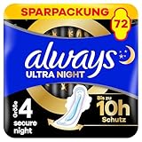 Always Ultra Night Damenbinden (Größe 4) mit Flügeln 72 Stück, Super Saugfähig Und Ultra Dünn, für Die Periode