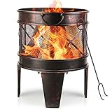 Feuerschale 58 x 42 cm, Feuerkorb, Feuerschale Rund in Antik-Rost-Optik, Kamin mit Griff und Schürhaken, Mehrzweck-Feuerkorb für den Garten Feuerstelle Garten Multifunktional Fire Pit