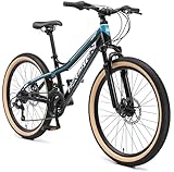 BIKESTAR Alu Mountainbike Jugendfahrrad 24 Zoll ab 9-14 Jahre Hardtail | 21 Gang Shimano Schaltung, Scheibenbremse, Federgabel | Kinder Fahrrad Schwarz & Blau | Risikofrei Testen