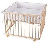 WALDIN Baby Laufgitter/Laufstall ca. 100 x 100 cm, BUCHE MASSIV, höhen-verstellbar, 2 Modelle wählbar, natur unbehandelt, Stoff weiß/Punkte grau