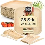 Moritz & Moritz Nachhaltiges Palmblatt Geschirrset für 25 Personen - 25 Teller Einweg 25 x 25 cm - 25 Holzbesteck Einweg - Alternative zu Bambusteller und Bambus Geschirrset