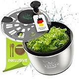 KüchenEngel Salatschleuder Edelstahl Salat waschen & trocknen 5L Volumen [inklusive Salatschüssel & Salatbesteck aus Bambus ] Schleuder mit Deckel