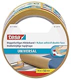 tesa Doppelseitiges Klebeband Universal - Vielseitiges Klebeband für Verpackungen, Deko und Teppiche oder zum Basteln - 10 m x 50 mm