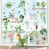 Supzone Fensterbilder Sommer Grüne Topfpflanze Fensteraufkleber Selbstklebend Blätter Grüne Pflanzen Vögel Fenstersticker Anti-Kollision Fensterfolie Glastüren Fensterdeko