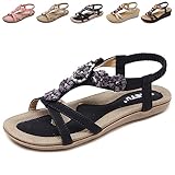 QJJQ Sandalen Damen mit Absatz Sommer Bequem Elegant Sandalen mit Strass Perlen Bohemia Strand Schuhe Freizeit Flach Sandalette, Schwarz, 41 EU