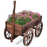 GOPLUS Blumenwagen Holz, Pflanzwagen mit 4 Rädern, Pflanzschubkarre mit Verstellbarer Griff, Bollerwagen Garten mit Ablauflöchern, Schubkarre Blumenkarre Pflanztopf Gartendeko Outdoor, 120x43x53,5 cm