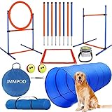 JMMPOO Agility Set Hunde, 65-Teiliges Agility Ausrüstung für Hundetraining Spiele mit Hundetunnel, Hürden, 8 Slalomstangen, Springring, 2 Tennis Ball Spielzeuge, Pause-Box, Leckerlibeutel, Tragetasche