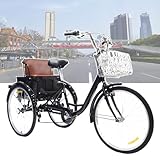 HTDRE 24-Zoll-Dreirad für Erwachsene, 24-Zoll-Fahrrad mit Muskelkraftantrieb, Korb und Rücksitz, geeignet für Männer, Frauen, Jung und Alt, für Picknicks, Einkäufe und die Arbeit