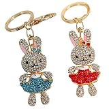 minkissy 2 Stück Diamond Rabbit Keychain Schlüsselanhänger Perlen Schild Charme Schlüsselbund Taschenanhänger Nette Tierschlüsselkainer Handtaschen-Anhänger-Charms Metall