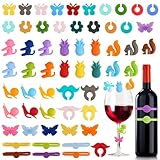 Haocjanc Glasmarkierer, 58 Stück Wiederverwendbarer Glasmarker, Bunte Glas Markierung Trinkgläser, Glasmarkierer Silikon für Weingläser, Sektgläser, Getränkegläser