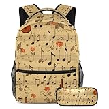 Vintage Musiknoten-Gitarre, 2-teiliges Kinder-Schultaschen-Set, Rucksack und Federmäppchen, Vintage-Musiknoten-Gitarre, Größe L