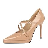 YGJKLIS Damen Pumps mit gekreuzten Riemen, Schnalle, spitzer Zehenbereich, Plateau, 11 cm, einfarbig, Lackleder, Stiletto-Pumps, Hautfarben, 4.5 Narrow
