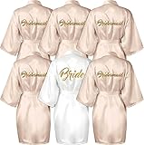 6 Stück Bride Morgenmantel Damen Bademantel Satin Kimono V Ausschnitt Nachtwäsche mit Gürtel für Hochzeit Party, Brauttag Morgenmantel,Braut Nachtwäsche