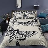 Bettwäsche 200x200 Gothic-Motten-Stil, Bettwäsche-Sets Totenkopf mit Blumenpflanzen aus Weiche Atmungsaktiv Microfaser, Bügelfrei Wendebettwäsche Bettbezug 200x200 und 2 Kissenbezüge 80x80 cm, Z11