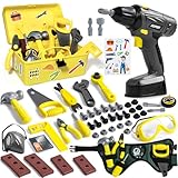 TONZE Montessori Spielzeug Werkzeugkoffer Kinder ab 3 4 5 Jahre, Spielzeug ab 3 Jahre Junge Mädchen Geschenk, Bohrmaschine Werkzeuggürtel Kinder Werkzeug Set Werkzeugkasten Kinderwerkzeug (50 STK)