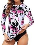 Tanst Sky Rashguard-Badeoberteil für Damen, langärmelig, UV-Hemd, Reißverschluss, Rashguard-Badeanzug, Weiß, S